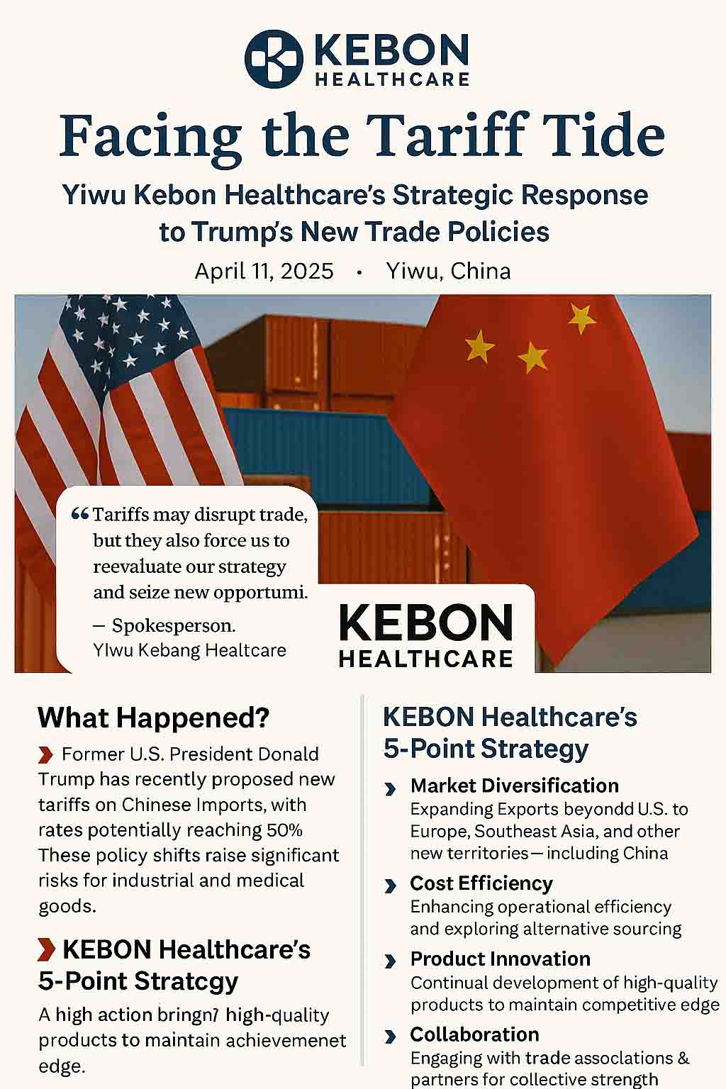 As tarifas podem interromper o comércio, mas também nos forçam a repensar nossa estratégia, fortalecer nossa marca e explorar novas fronteiras. ” - porta -voz, Yiwu Kebon Healthcare Co., Ltd