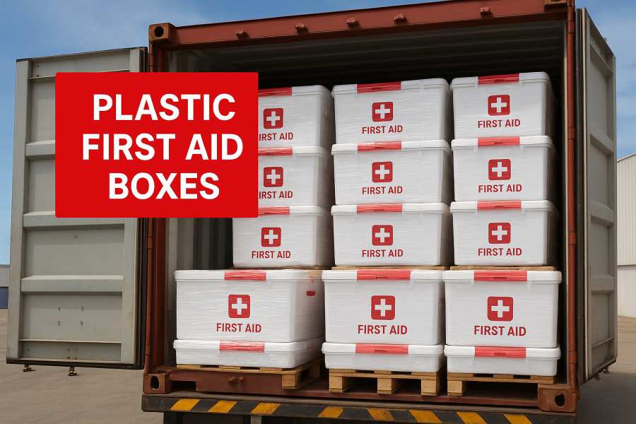 Yiwu Kebon Healthcare envia um recipiente completo de caixas de primeiros socorros plásticos para Dubai
