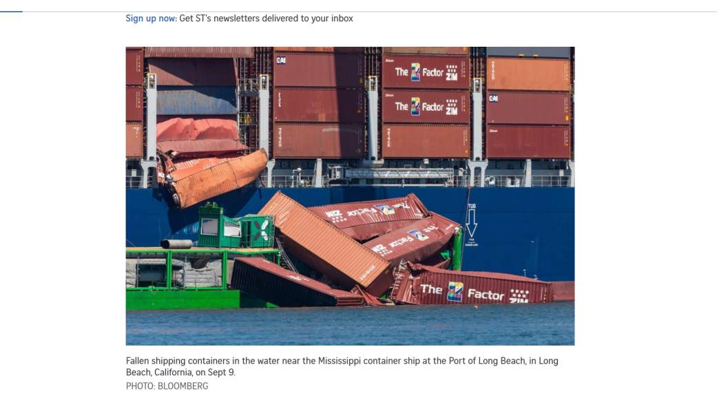 Os contêineres de remessa caem no bordo do navio do Mississippi em Porto de Long Beach, um dos portos mais movimentados de nós