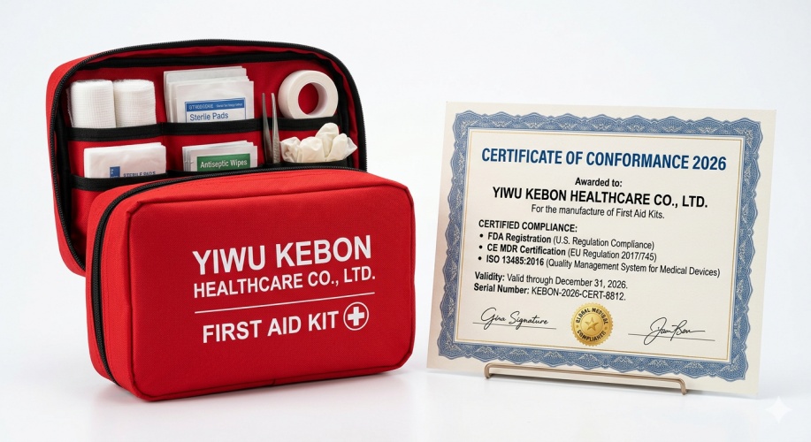 Yiwu Kebon Healthcare: certificações 2026 FDA, CE e ISO 13485 renovadas para kits de primeiros socorros