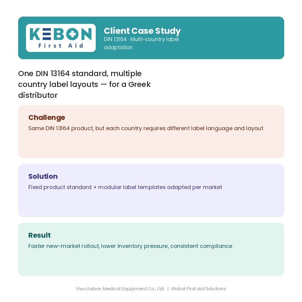 Um padrão, vários mercados: como a Yiwu Kebon Healthcare resolveu a conformidade de layout em vários países para kits de primeiros socorros DIN 13164 de um cliente grego